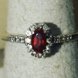 925 Ring Oval Garnet Gemstone Sterling Silver Halo Diamond Size 5 Henry Cheung